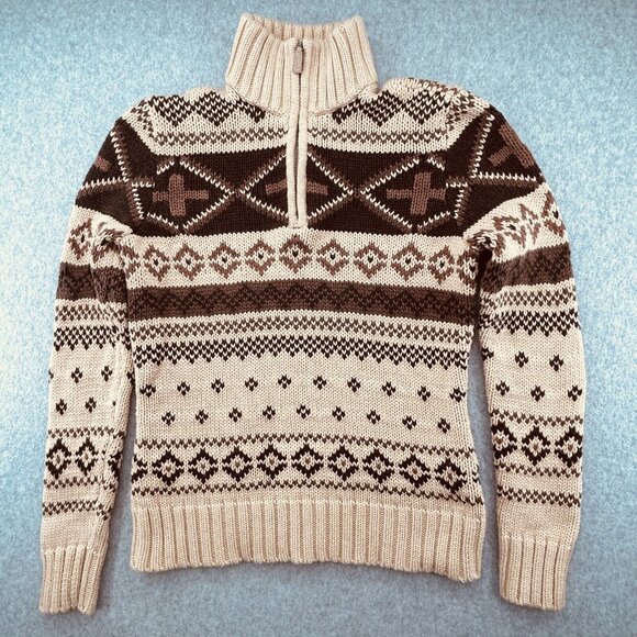 Ralph Lauren Sweaters - Ralph Lauren Petite Fair Isle Print Half Zip Sweater Size S Beige Brown Cotton